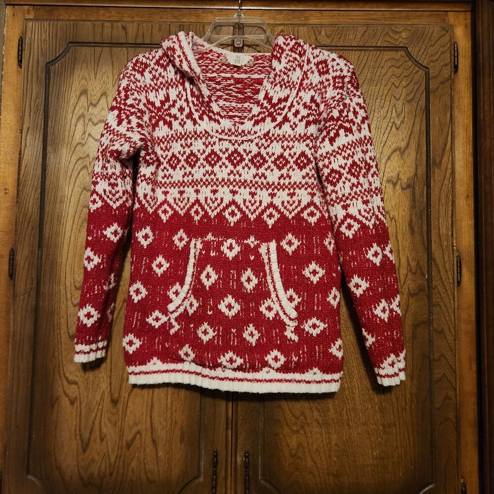 Red & White Knit Hooded Sweater With Kangaroo Pocket By Pink Rose - S